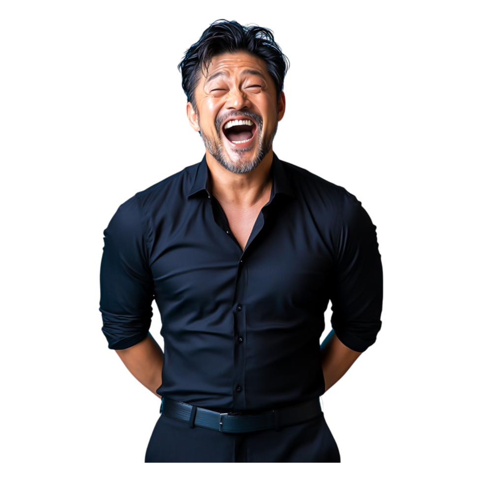 Happy Man Smiling Joyfully in Black Shirt with Confident Pose png
