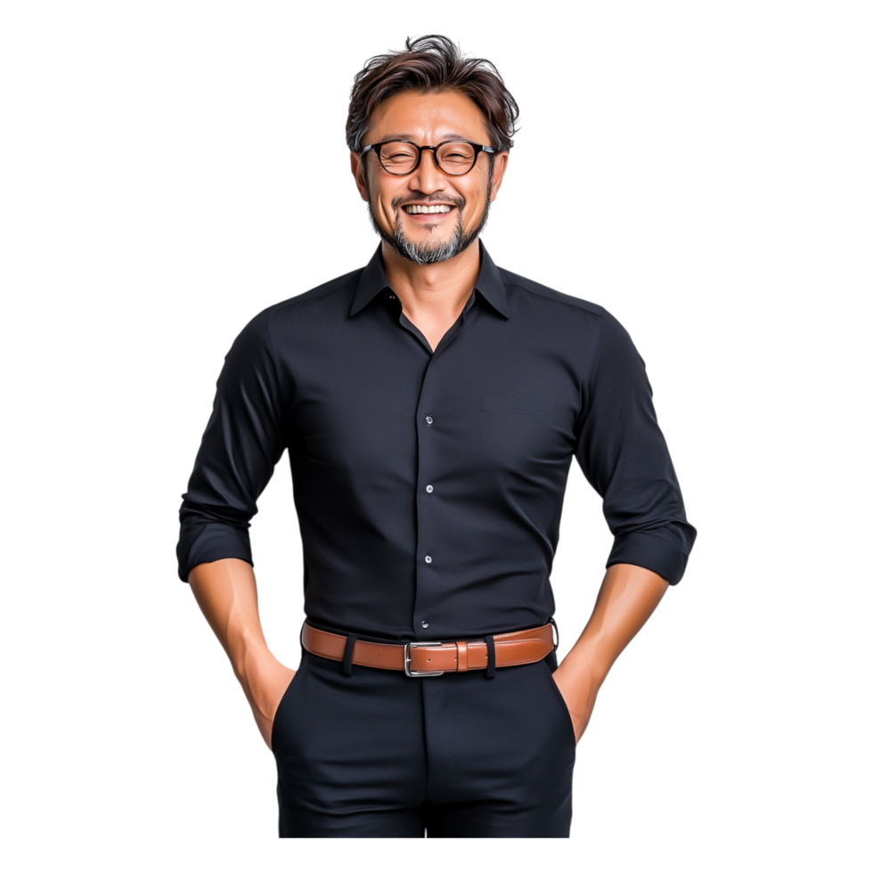 Confident Asian man smiling with glasses in a black shirt and pants png