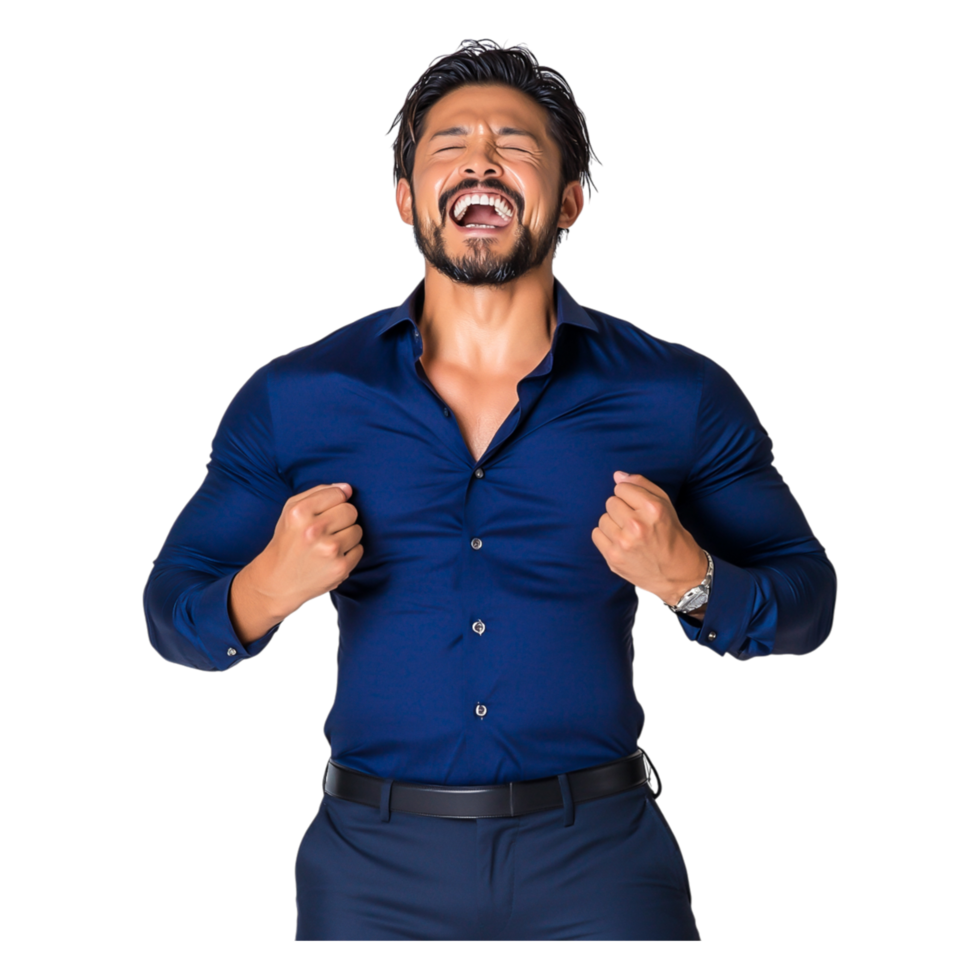 Joyful man celebrating with hands raised and bright smile in studio png