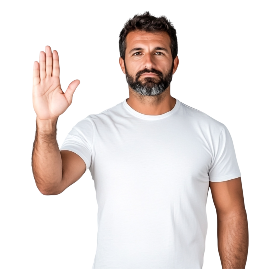 Man with beard showing stop gesture with palm facing forward png