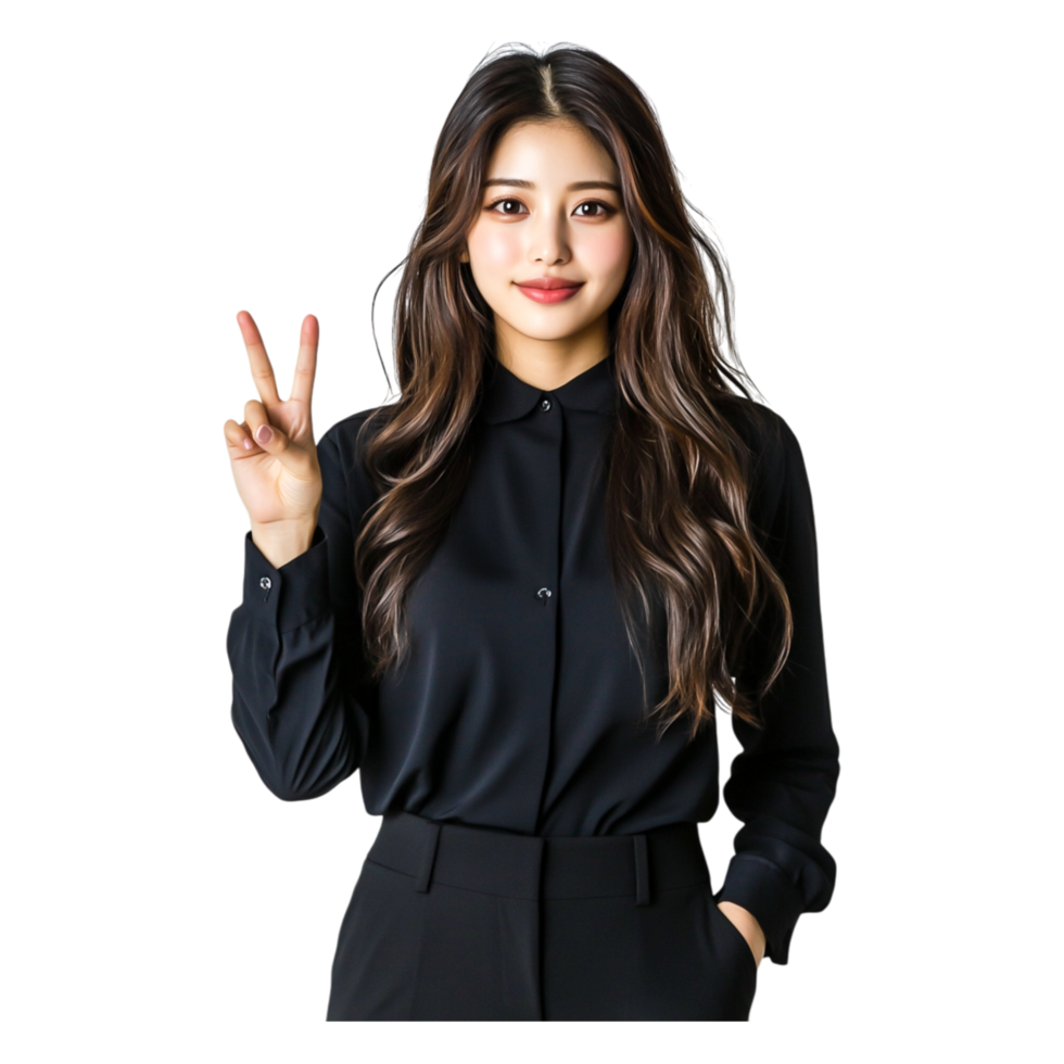 Young woman in black outfit showing victory gesture with smile png