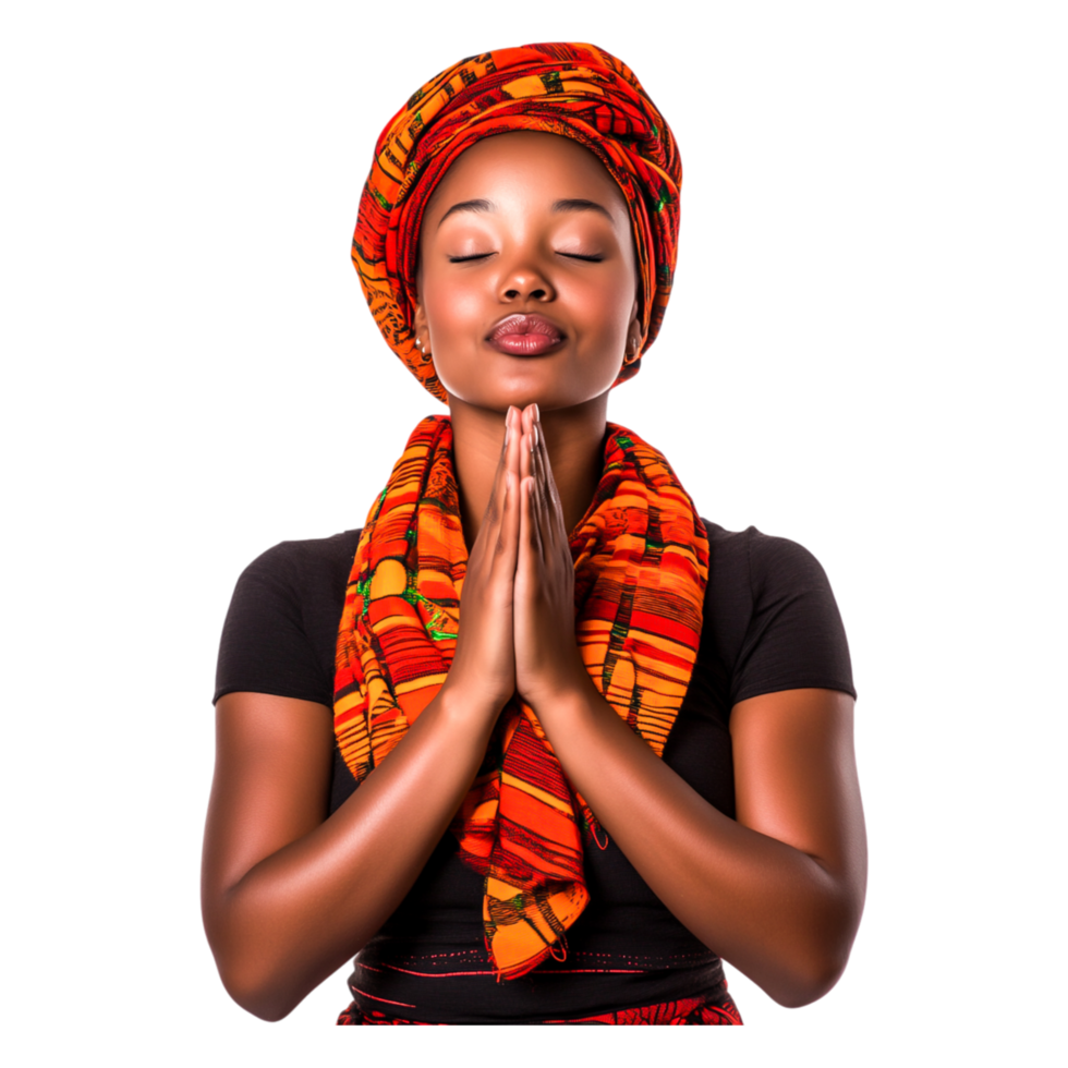 Woman in Colorful Headwrap with Praying Hands and Serenity Expression png