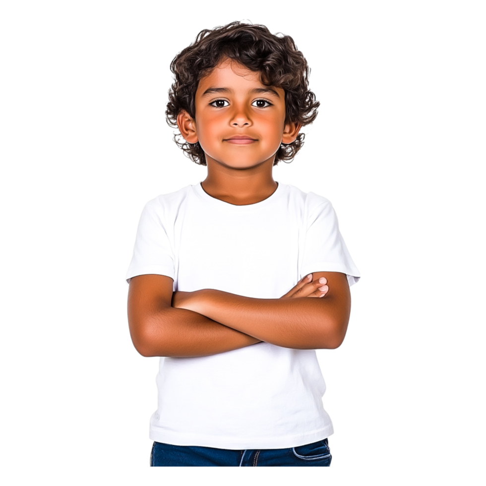 Confident Young Boy with Arms Crossed in a Bright White T-Shirt png