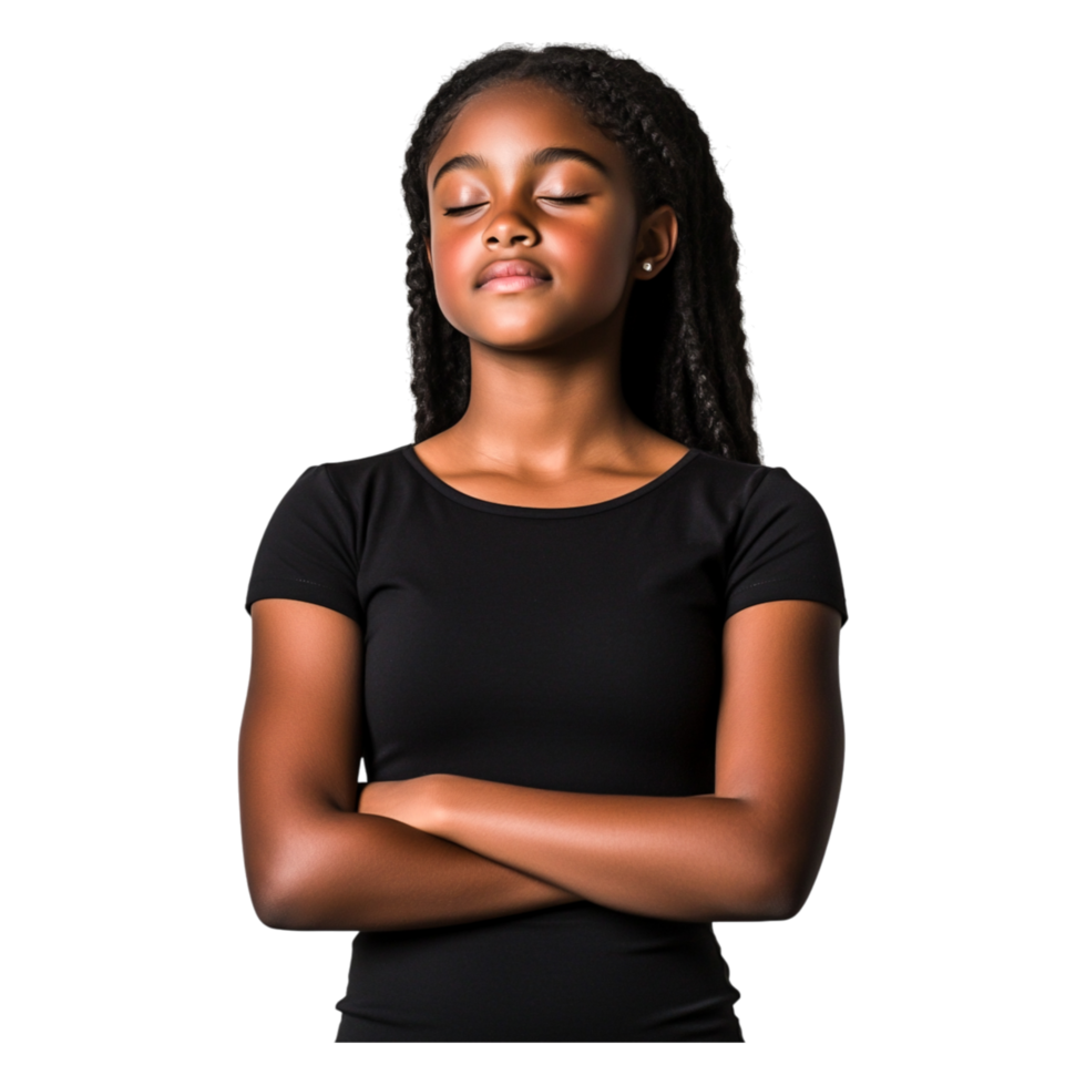 Confident Young Girl with Eyes Closed in a Black T-Shirt png