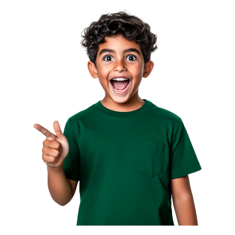Excited young boy with curly hair pointing and smiling brightly png