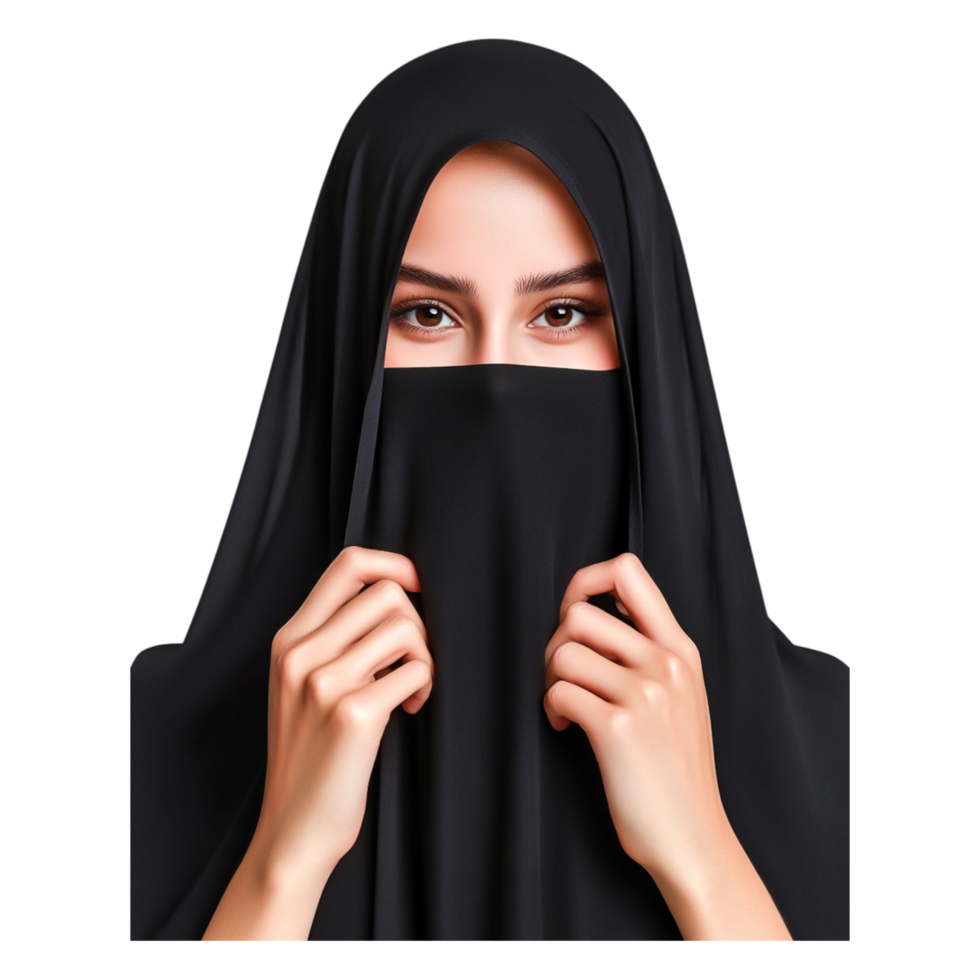 Young Woman in Black Hijab with Hands Near Face Expression png