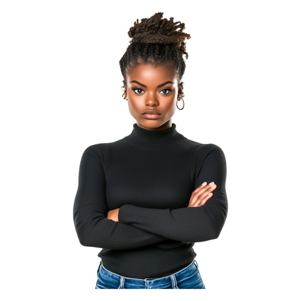 Confident Young Woman with Natural Hair in Black Turtleneck Sweater png