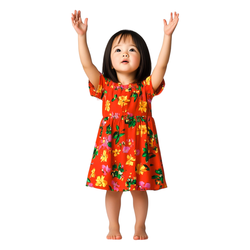 Joyful young girl in bright floral dress celebrating with raised arms png