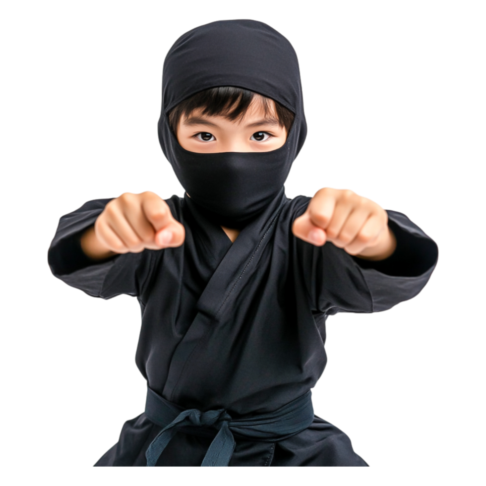 Young Boy Dressed as Ninja in Action Pose Isolated on png