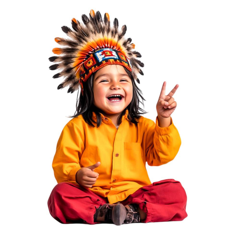 Joyful Child in Traditional Headgear Making Peace Sign Gesture png