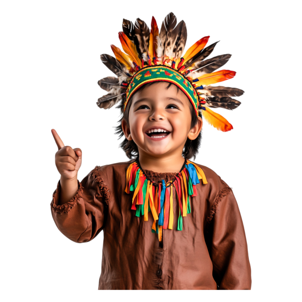 Joyful Indigenous Child with Feathered Headdress and Colorful Outfit png