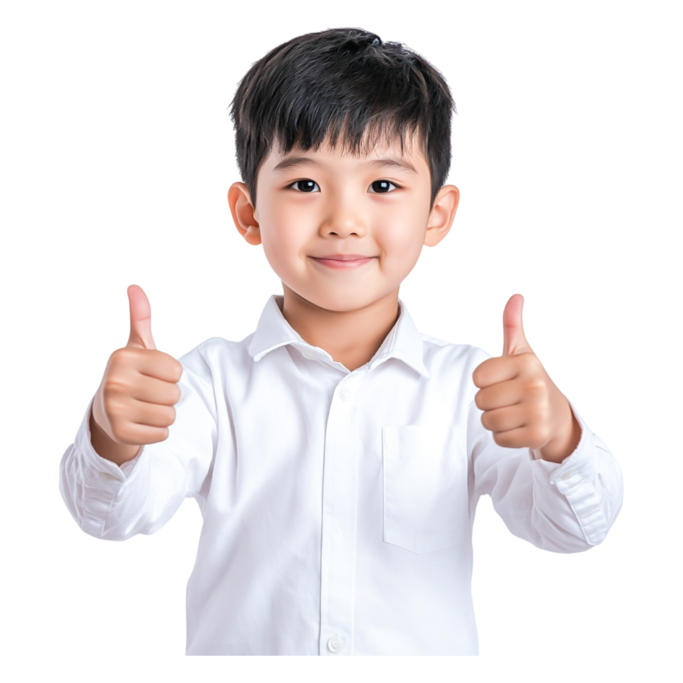 Happy Child Giving Two Thumbs Up in White Shirt on png
