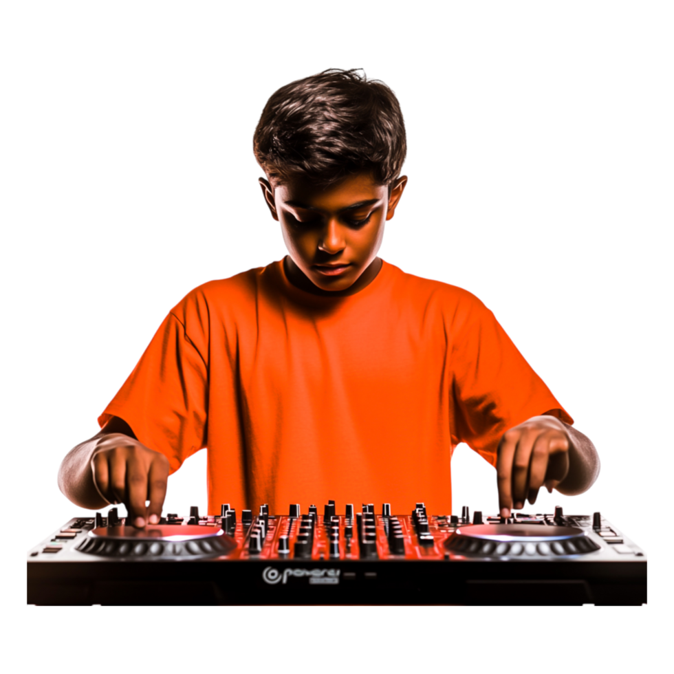 Young DJ in Orange Shirt Mixing Music at Modern Equipment png