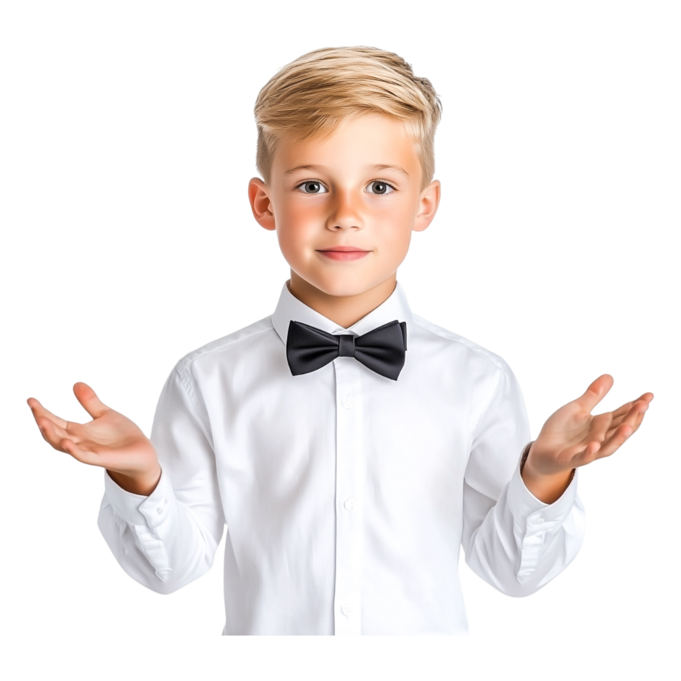 Young Boy in Formal Attire Offering Open-Handed Gesture Smiling png