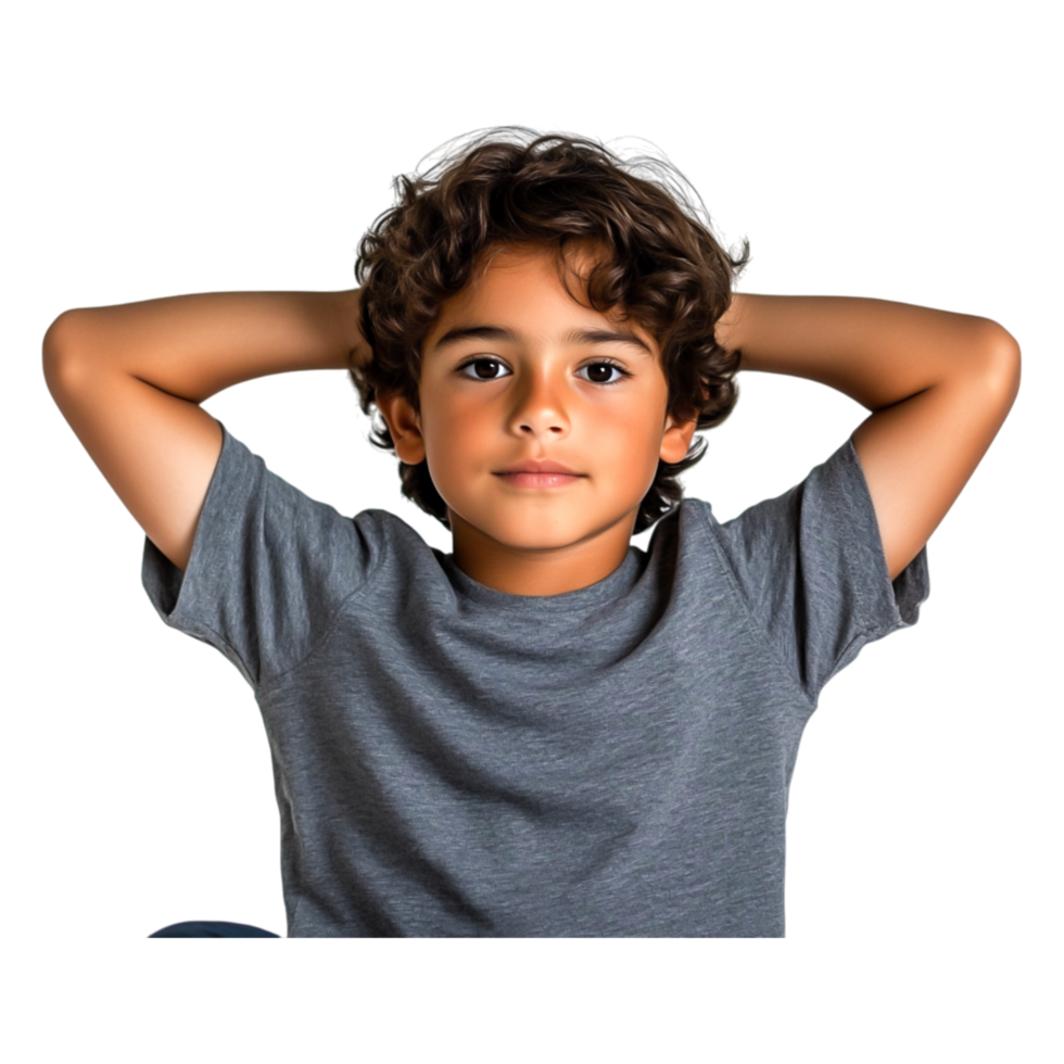 Young boy relaxing with hands behind head, looking at camera png