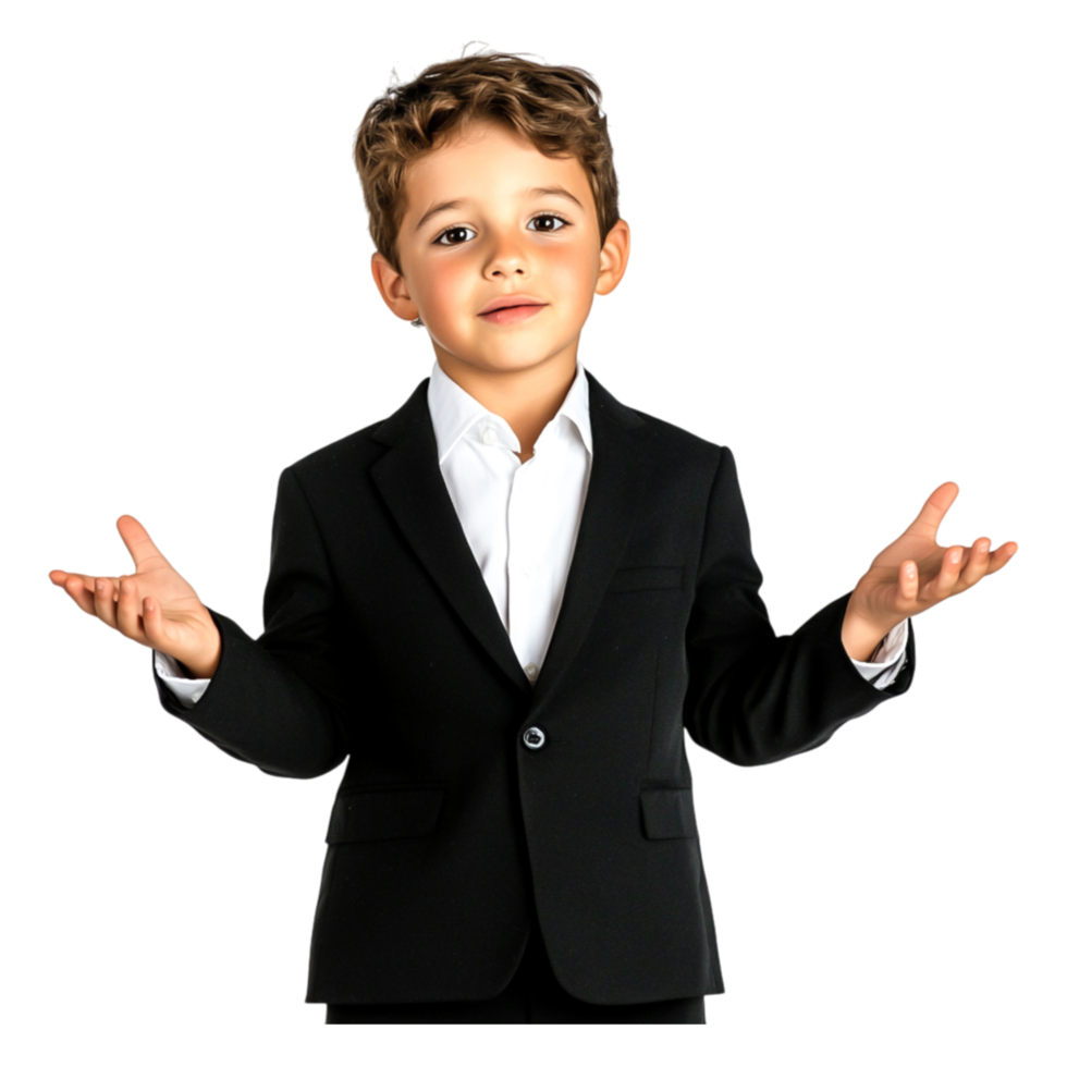 Young Boy in Black Suit with Open Hands in Formal Pose png
