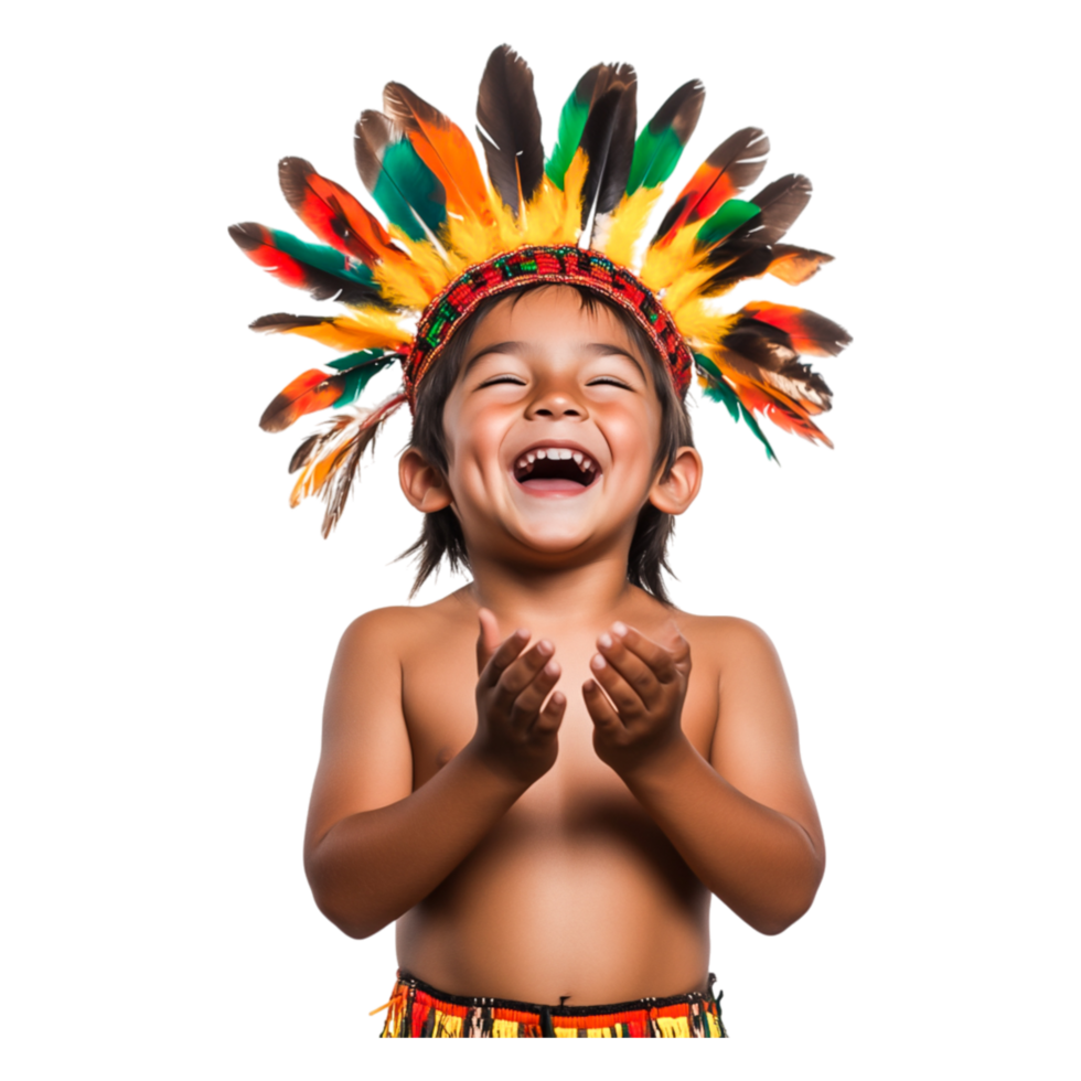 Happy Child in Colorful Feather Headdress Laughing with Joy png