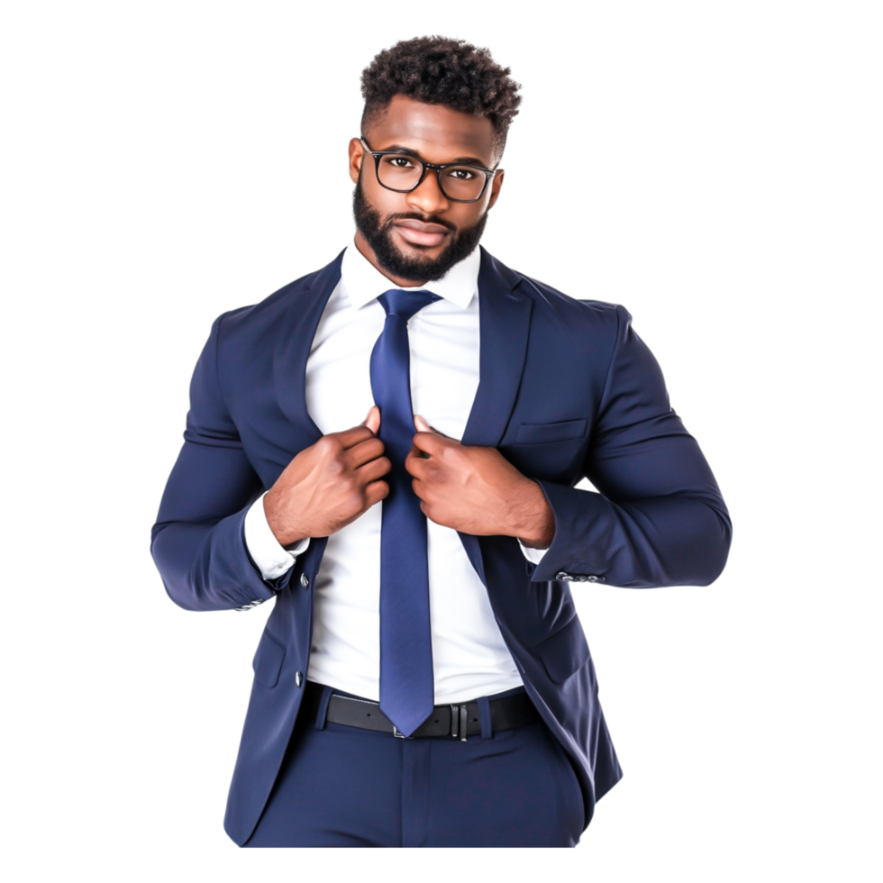 Confident business man adjusting tie in formal attire on png