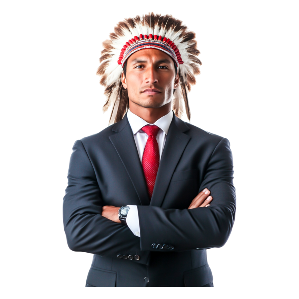 Confident Businessman in Native American Headdress and Suit png