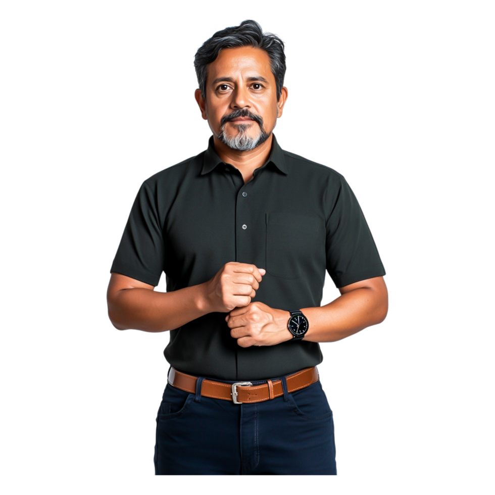 Confident man wearing black shirt with arms crossed posing seriously png