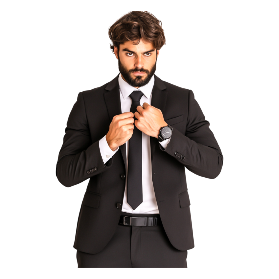 Confident Man in Sleek Black Suit Adjusting Tie in Studio Setup png