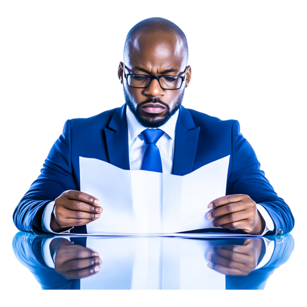 Businessman Analyzing Documents with Serious Expressind Focus png