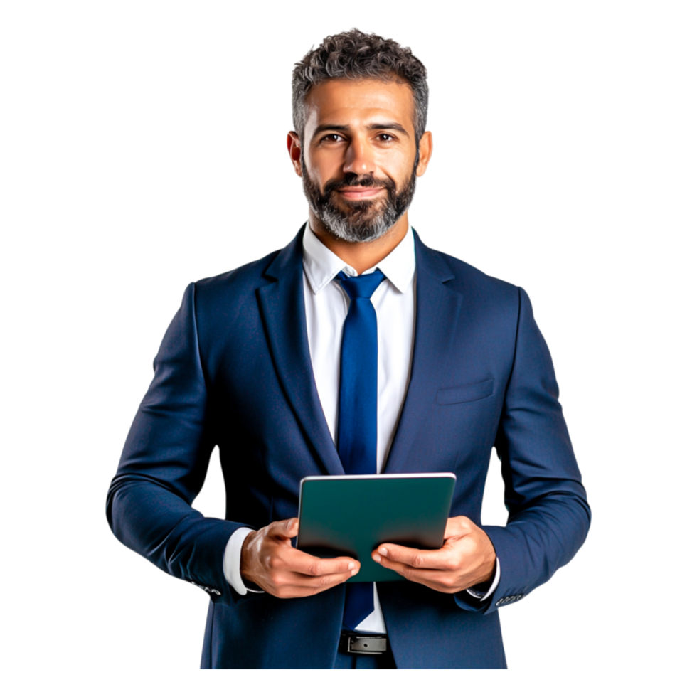 Confident Businessman Holding Tablet in Formal Attire Standing Smiling png