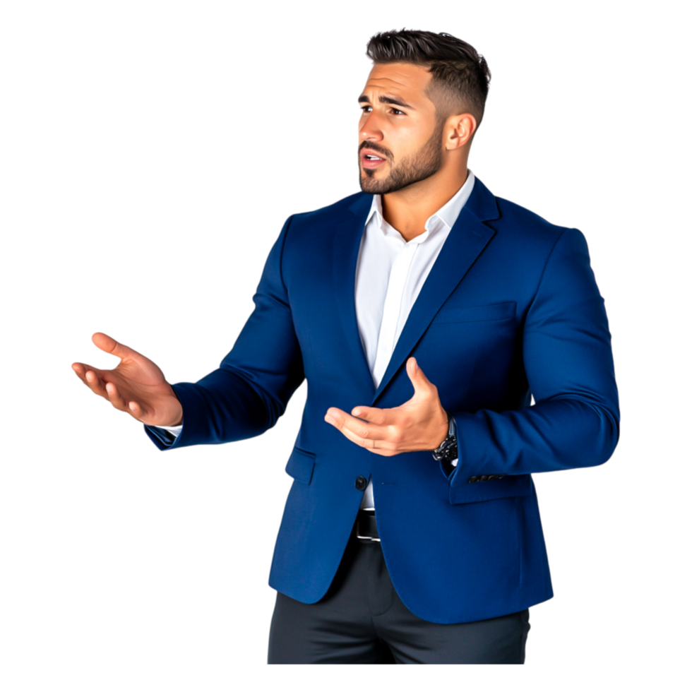 Professional Man in Blue Suit Engaging in a Conversation or Presentation png