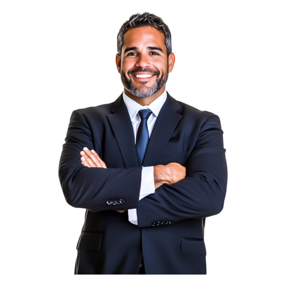 Confident businessman in suit with crossed arms smiling at camera png
