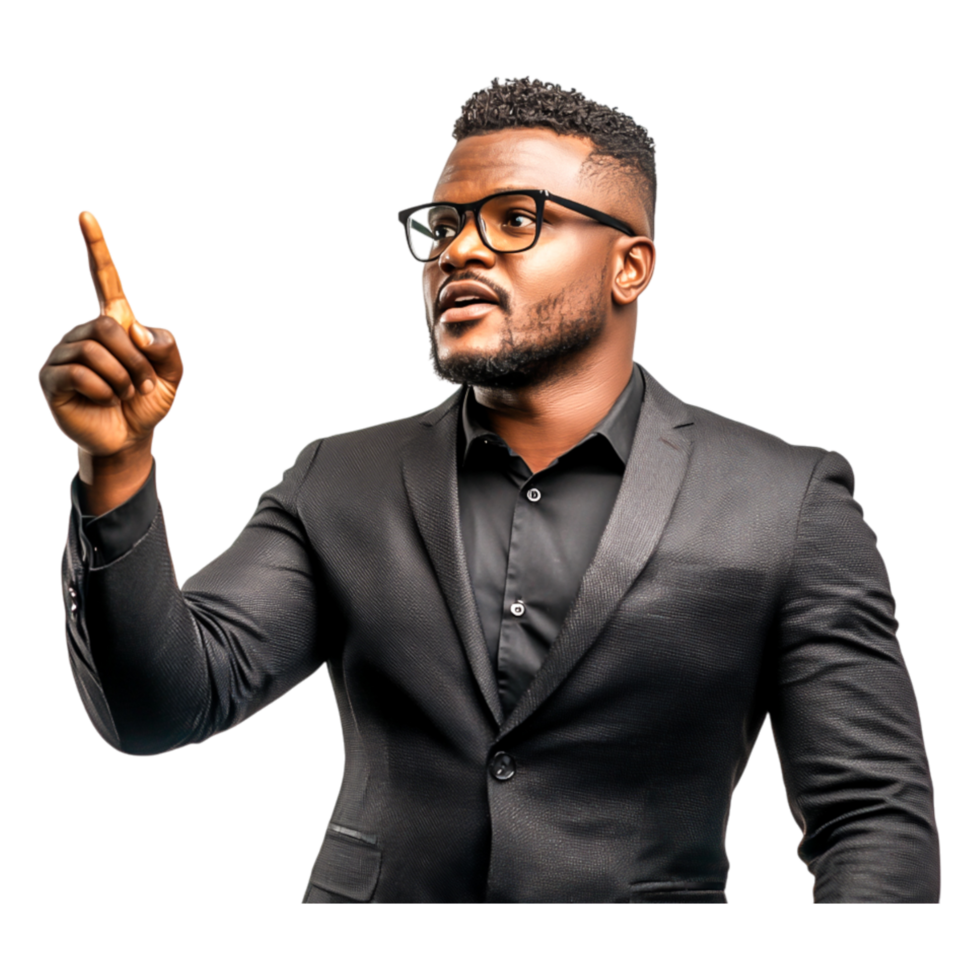 Confident Black Businessman Making Point Gesture in Formal Attire png