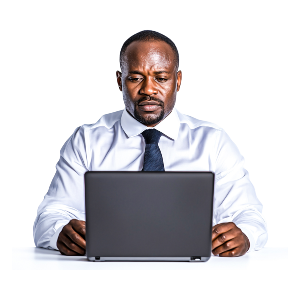 Focused Professional Man Working on Laptop in Modern Office Setting png