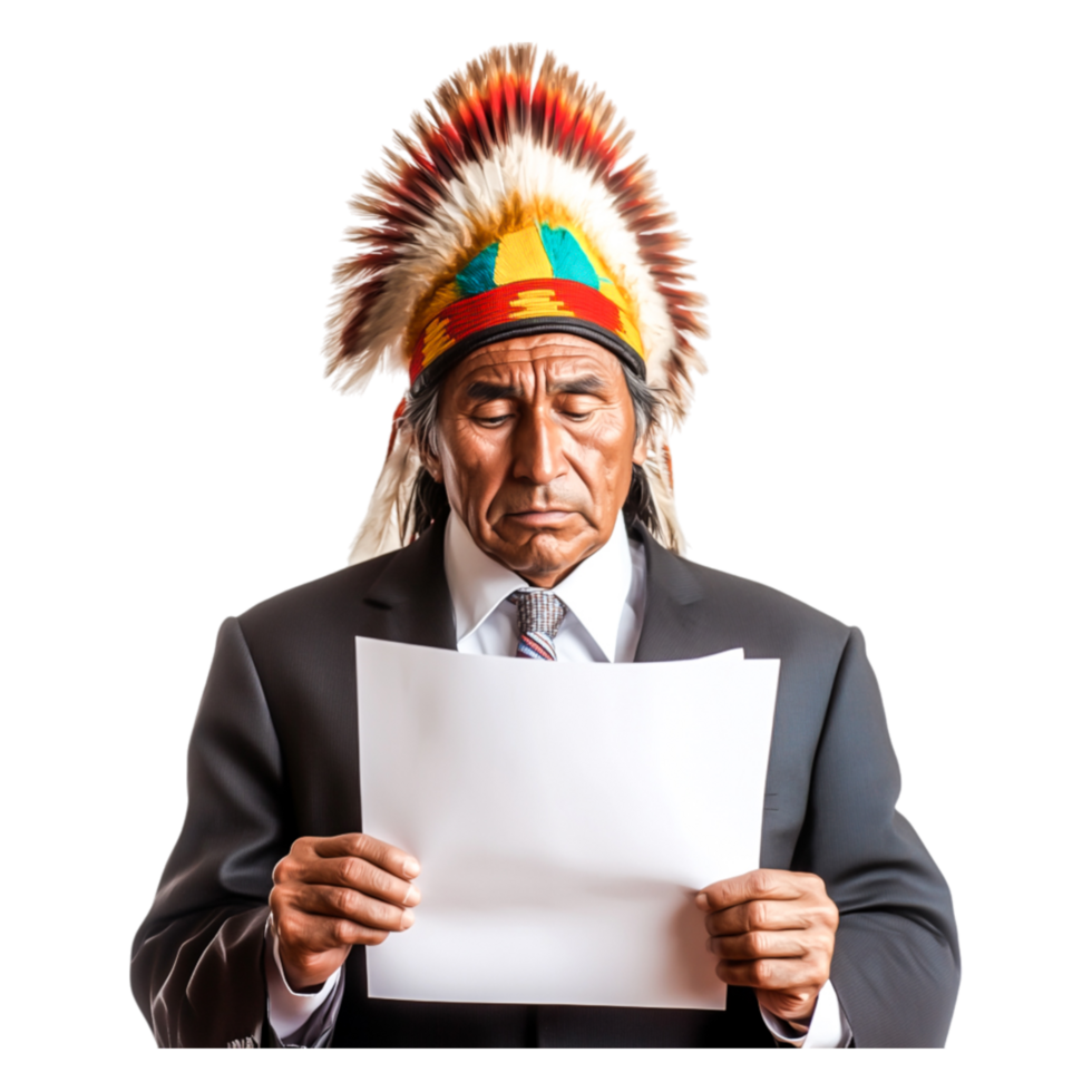Indigenous Leader Holding Document with Traditional Feathered Headgear png