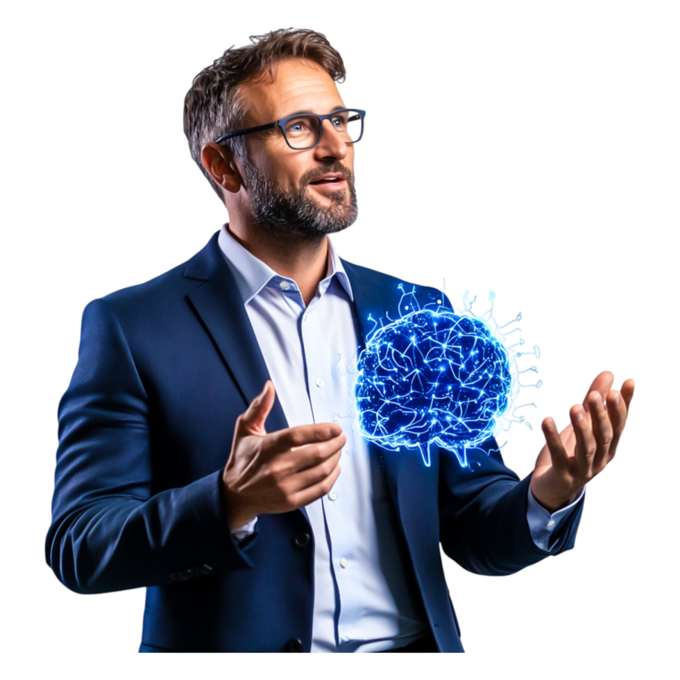 Businessman Using Technology for Creative Brainstorming Ideas png