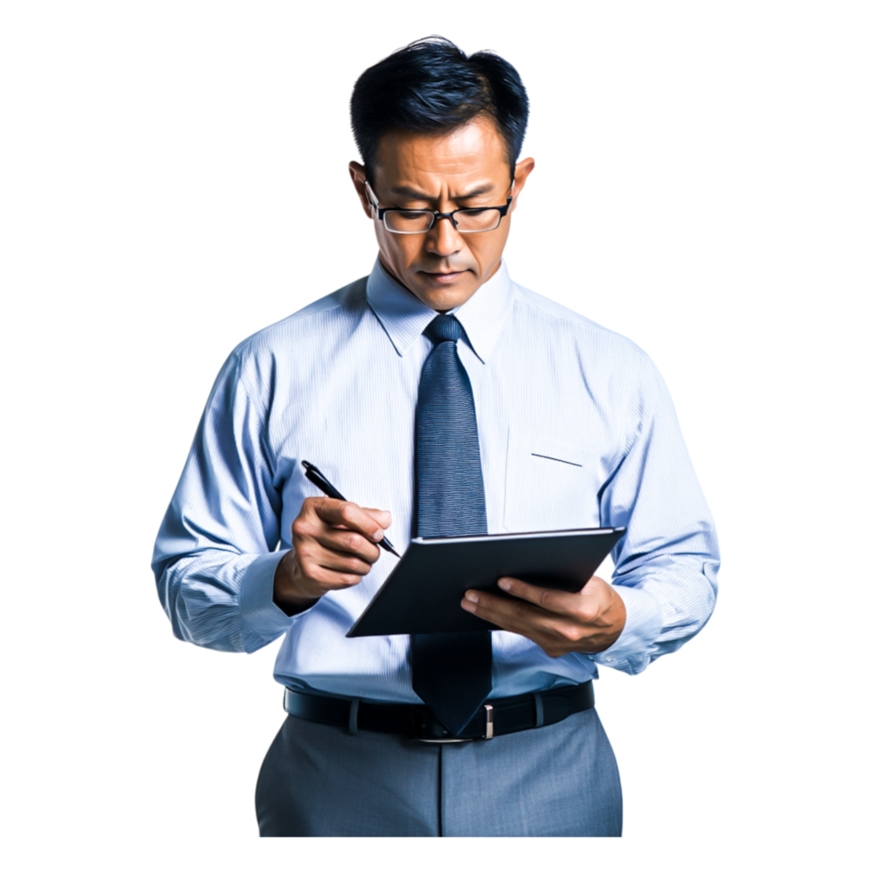Businessman with Glasses Holding Clipboard and Writing Notes png