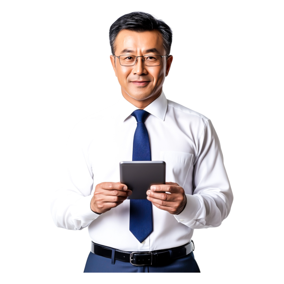 Confident Businessman Holding Digital Tablet with Smiling Expression png