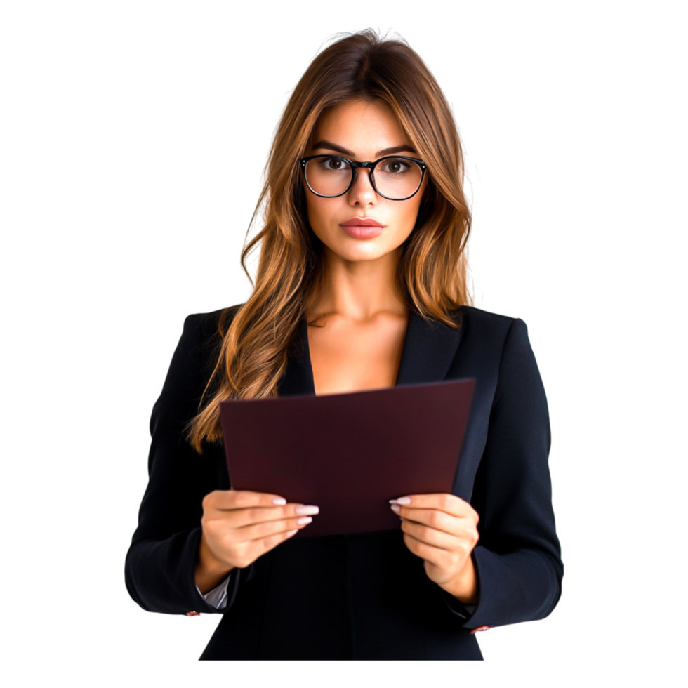 Confident Businesswoman Holding Document with Serious Expression png