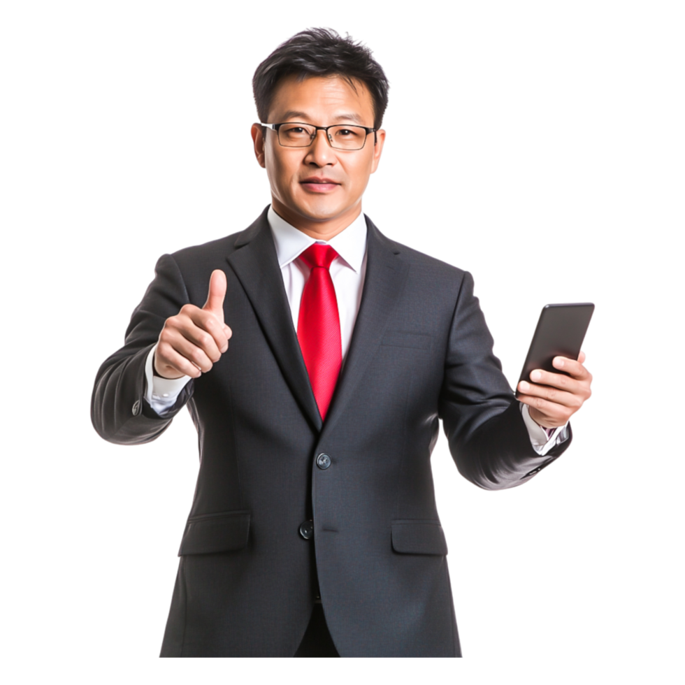 Confident businessman showing thumbs up while holding smartphone png