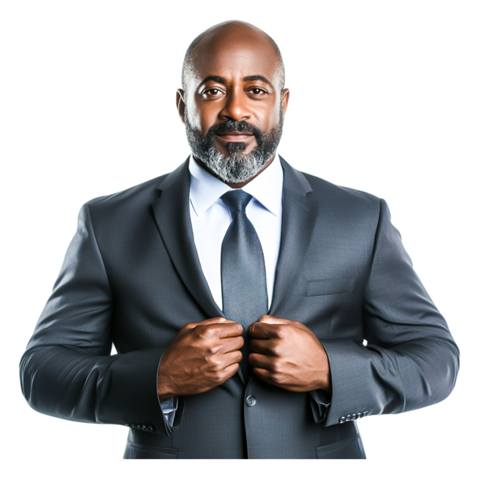 Confident Businessman Adjusting Suit with Serious Expression png