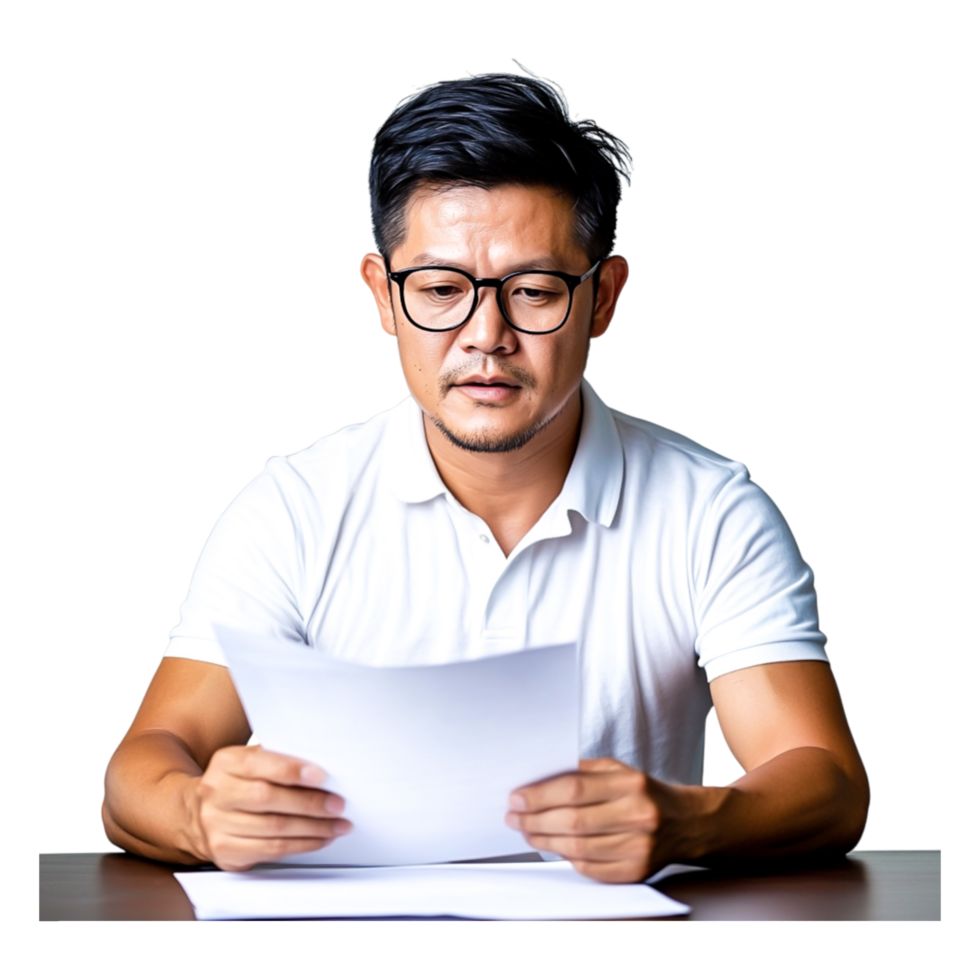 Focused Man Reading Paperwork in a Bright Room Setting png