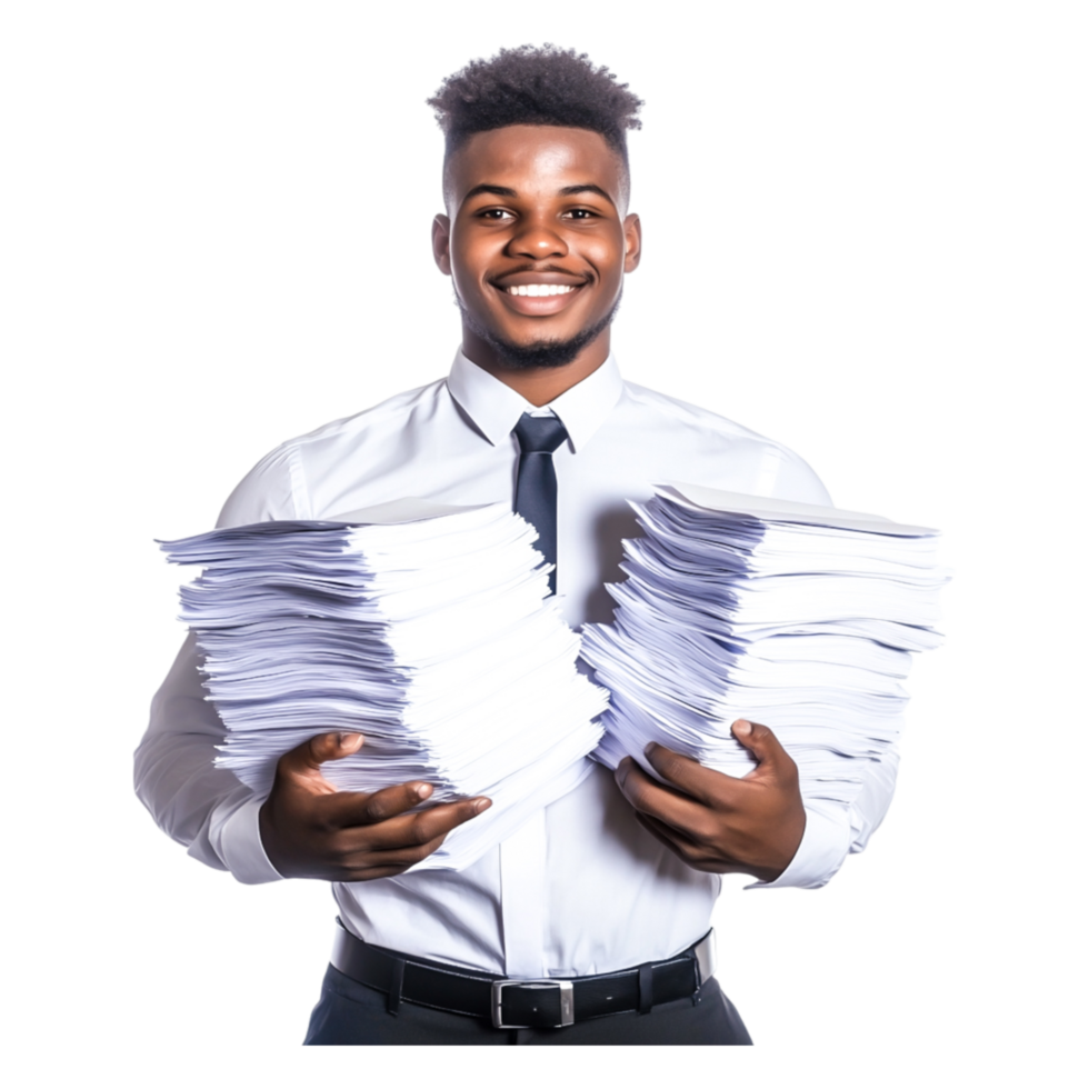 Confident Man Holding Stacks of Documents with Bright Smile png