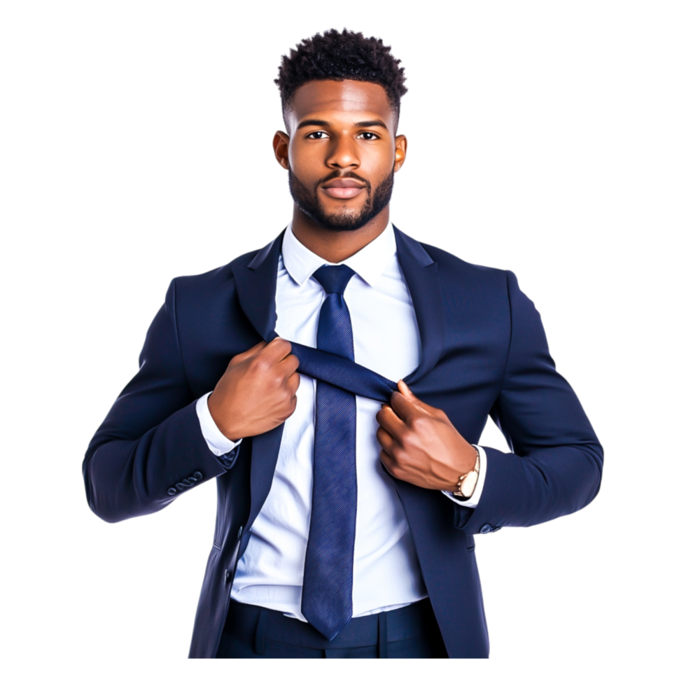 Confident Businessman Adjusting Tie in Formal Suit Portrait png