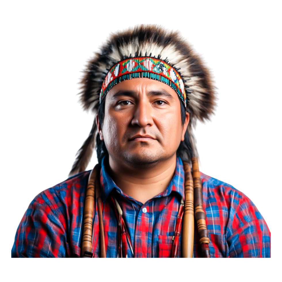 Native American Man in Traditional Dress with Feathered Headgear png