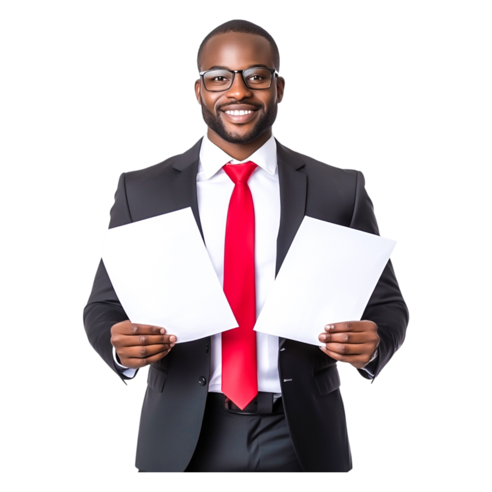 Confident Businessman Holding Documents in Professional Attire png