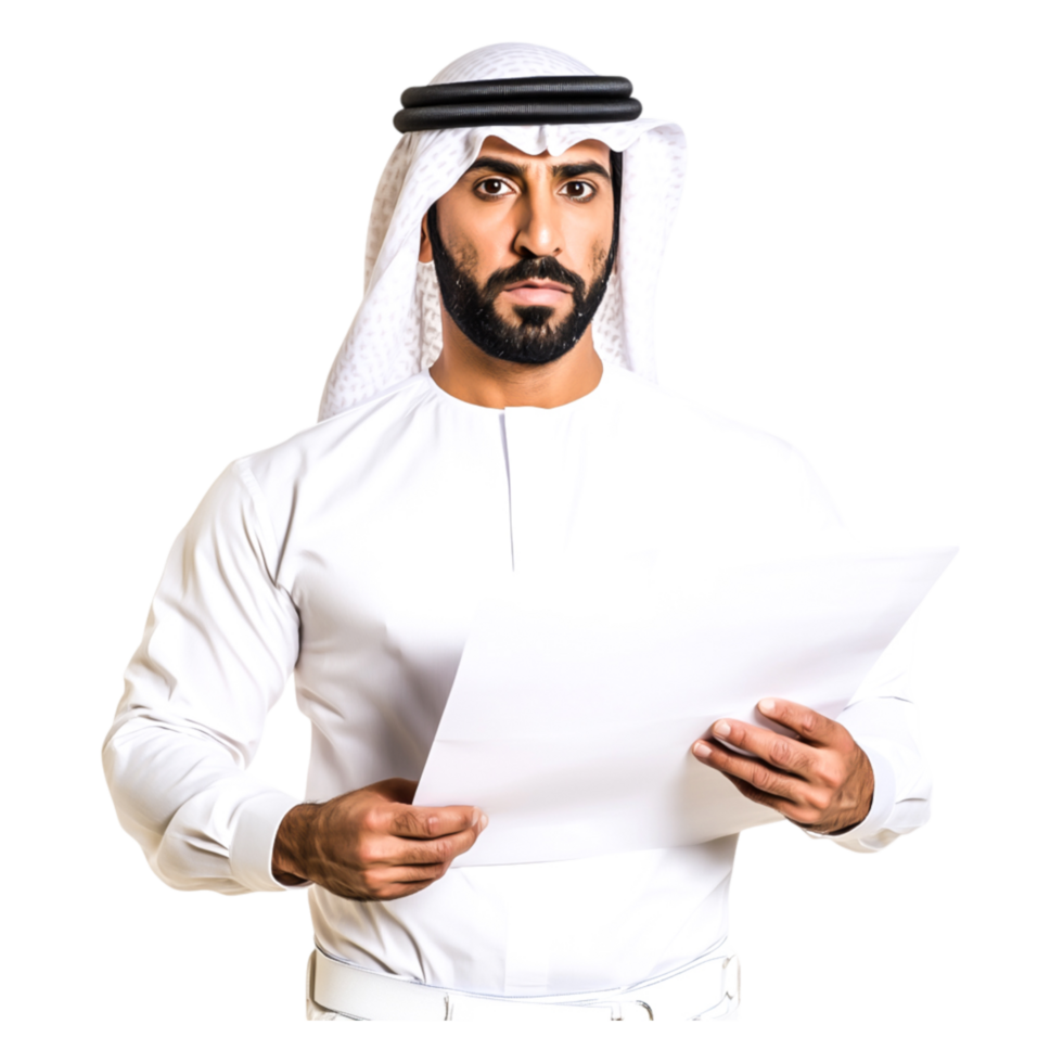 Confident Arab Man Holding Document in Traditional Attire png