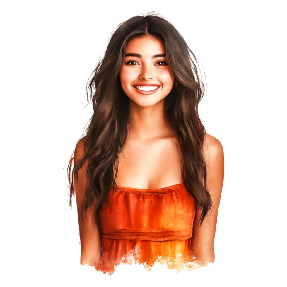 Young Woman with Long Hair Smiling in Bright Orange Top png
