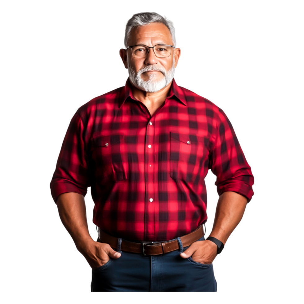 Senior Man with Glasses Wearing a Red and Black Flannel Shirt png