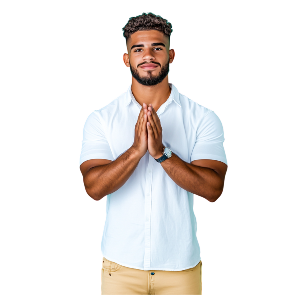 Young man with hands together in a prayer gesture png