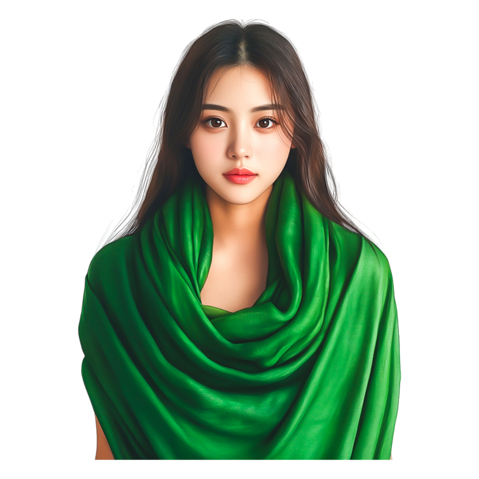 Portrait of a Young Woman with Long Hair Wrapped in Green Fabric png
