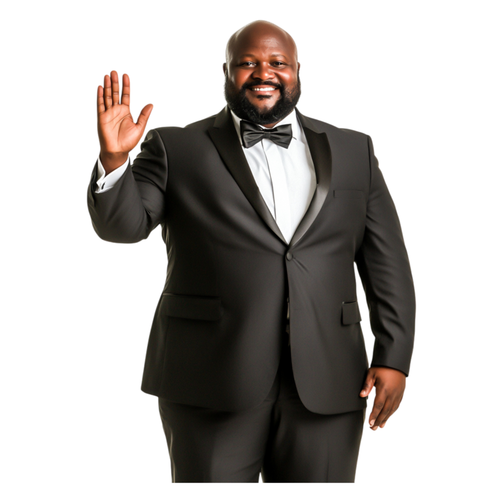 Confident Man in Black Suit Raising Hand with Smile on Face png