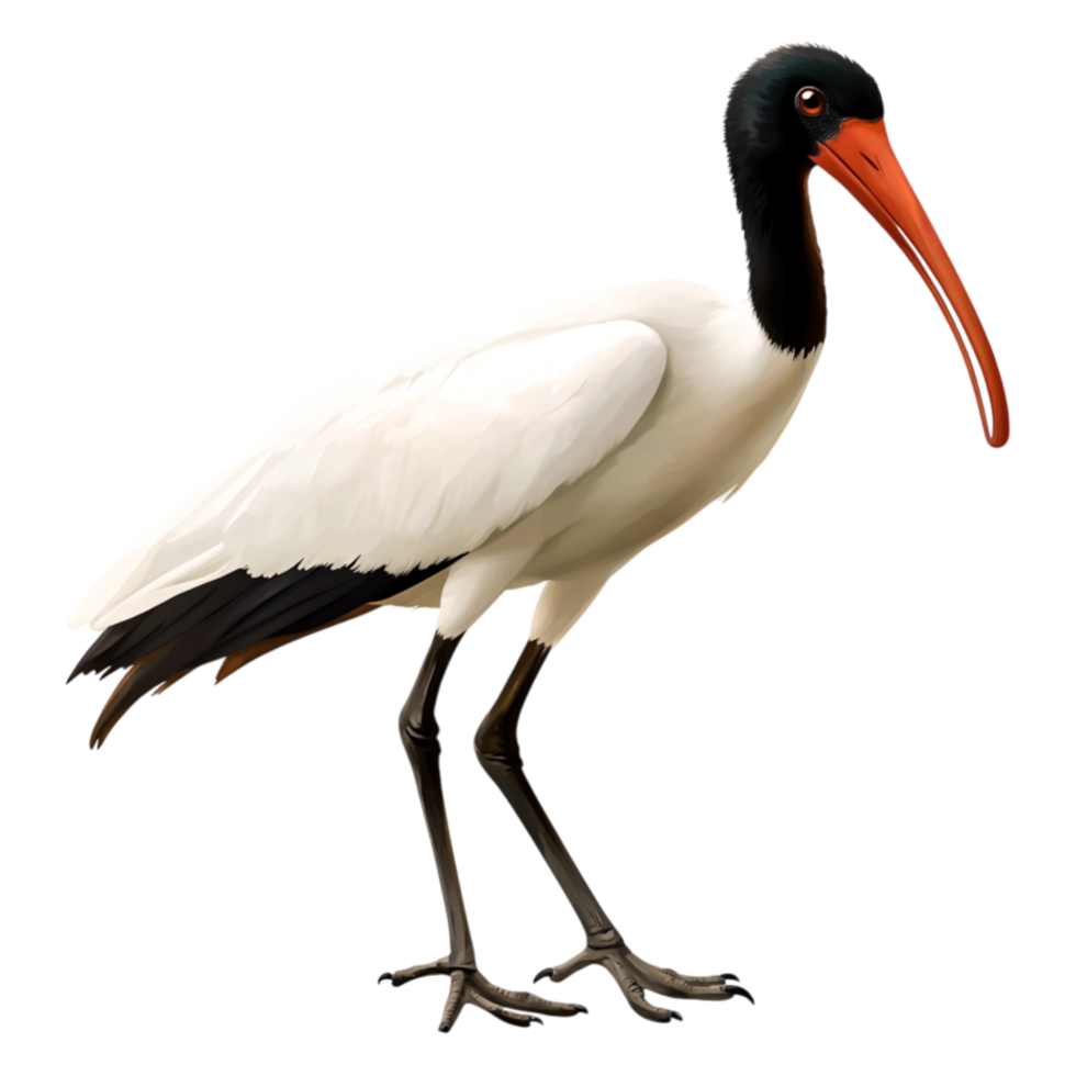 Elegant White Bird with Black Head and Long Red Beak Standing png